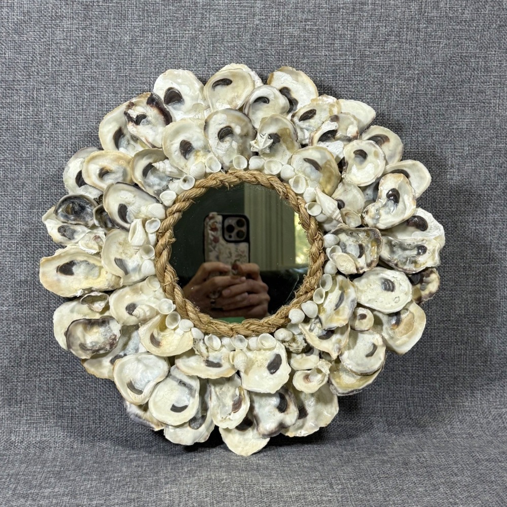 Oyster Shell Wall Mirror 12" Jute Rope Coastal Cottage Beach Decor Nautical Boho
